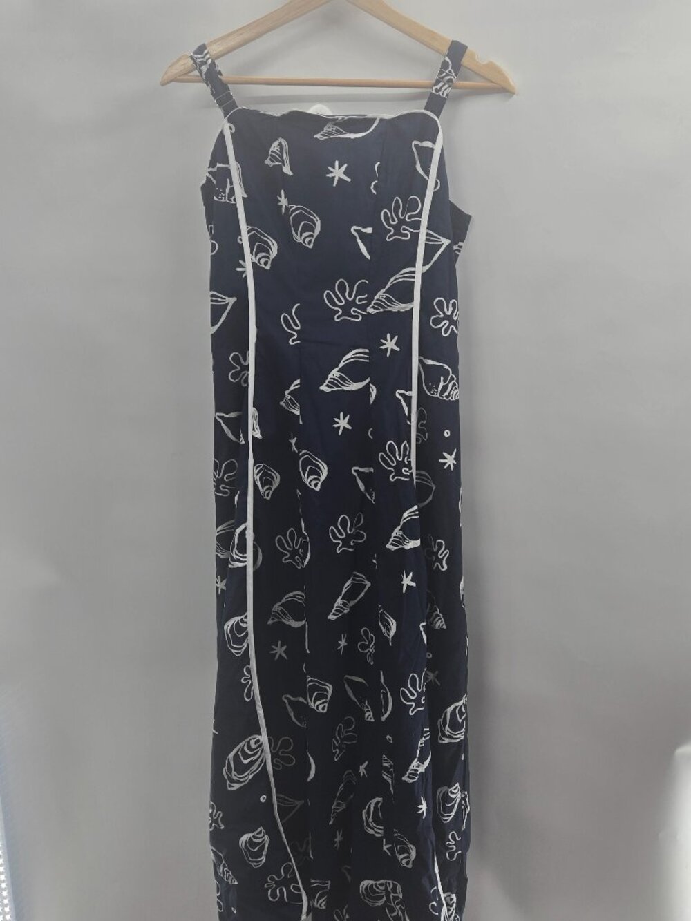Moon River Navy Blue White Shell Print Piped Cotton Midi Dress Size XS NWOT